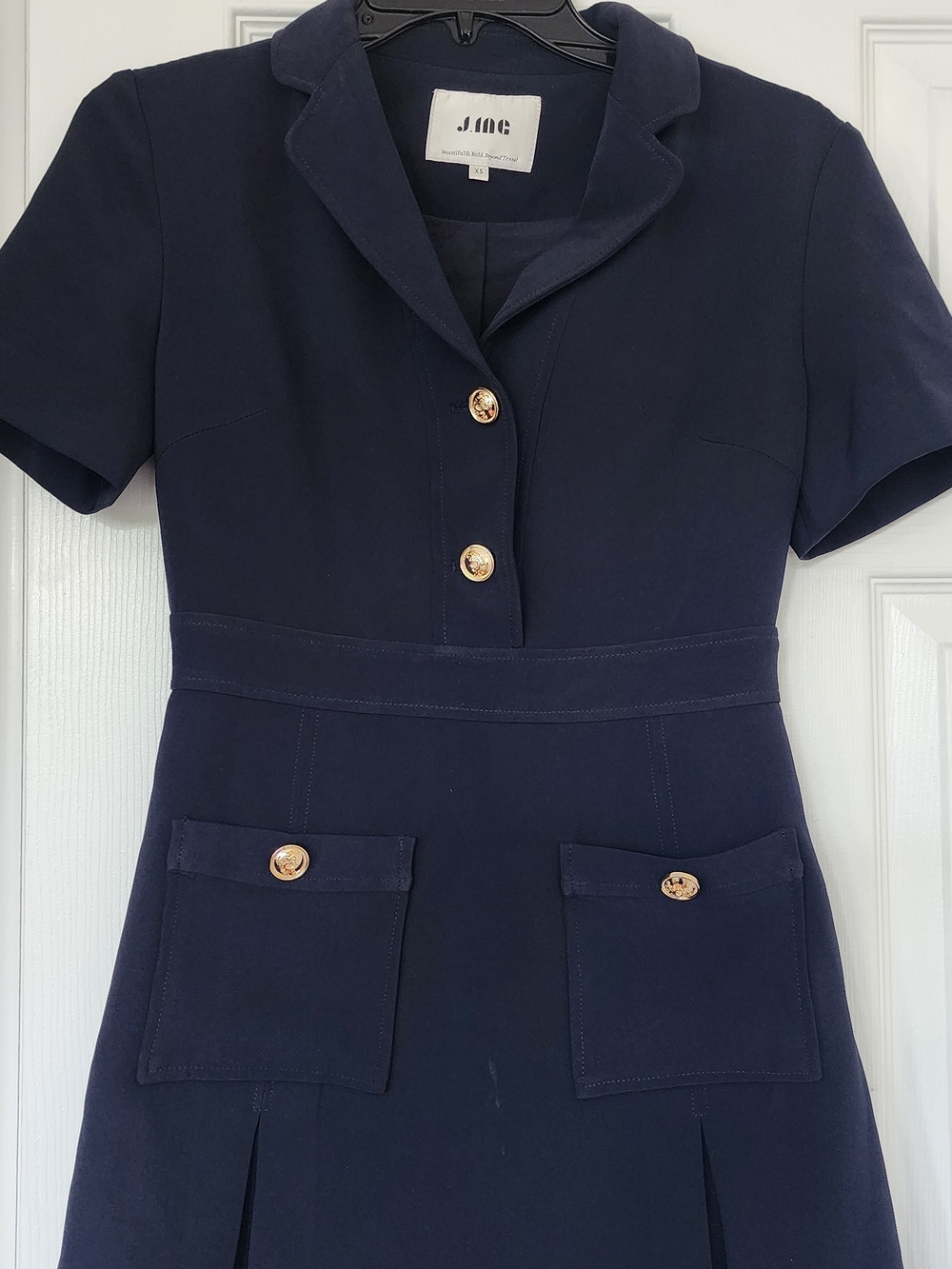 Navy Short Sleeve Mini Dress with Gold Buttons